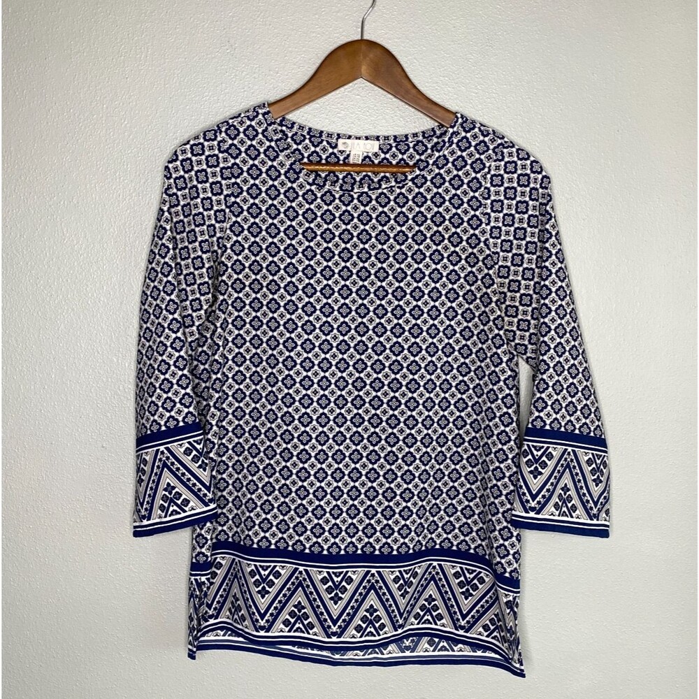 Lila Rose Women's XS Navy Mosiac Boho 3/4 Roll Tab Sleeve Chiffon Blouse Office